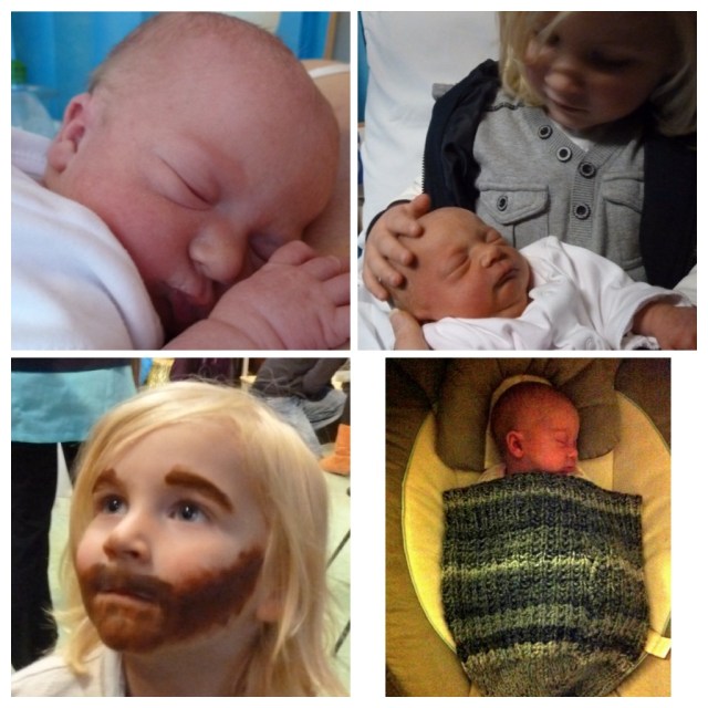 1) Sophia at 24 hrs, 2) Mikey meets his sister for the first time, 3) Mikey plays the messenger in pre- school nativity, 4) Sophia sleeps in the hat I knitted for her father